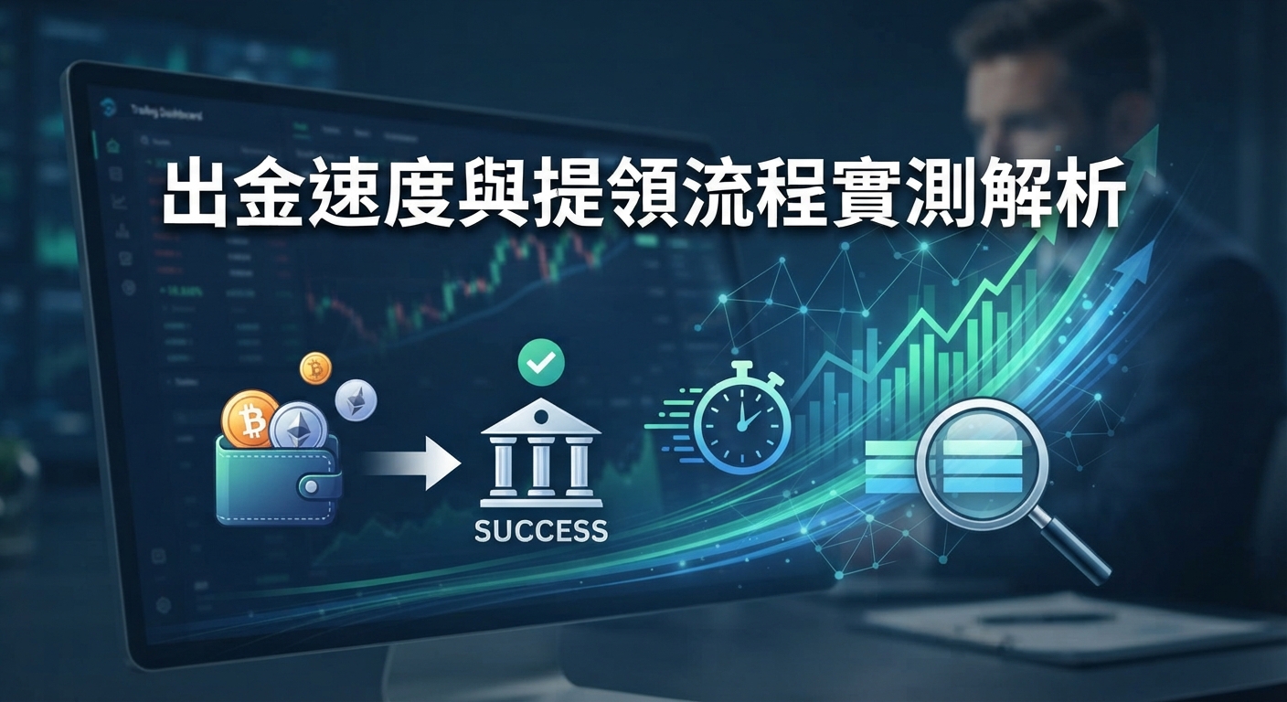 這是一張關於金融與加密貨幣出金速度分析的主題圖片。 畫面中央清晰顯示了標題「出金速度與提領流程實測解析」。