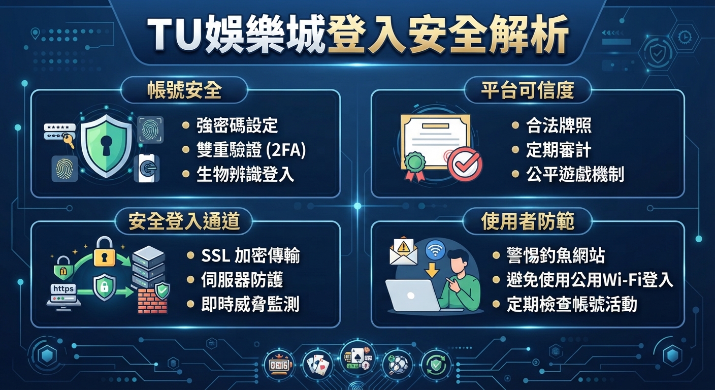 圖表以科技藍色調詳細解析了TU娛樂城登入安全，涵蓋帳號安全、平台可信度、安全登入通道與使用者防範四大核心面向。 畫面透過盾牌、伺服器、加鎖與防護圖標，突顯出多重驗證、SSL加密與防範釣魚網站的重要安全機制。