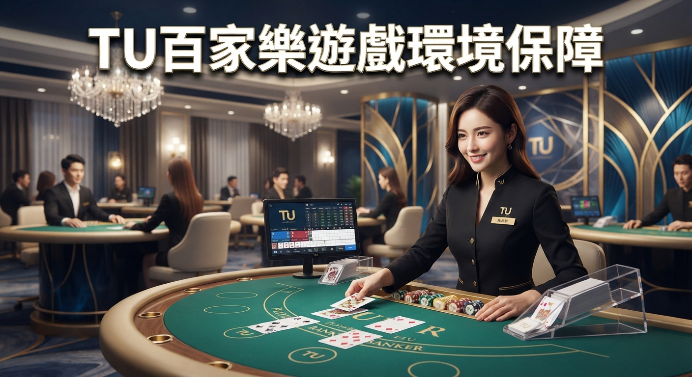 這是一張高端精緻的TU百家樂遊戲環境保障宣傳圖片，展現了專業且安全的線上與實體賭場氛圍。 畫面中有一位親切的荷官正在綠色桌面上發牌，整體環境呈現出安全可靠與優質的娛樂保障。