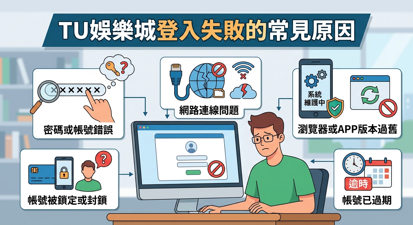這張圖片採用現代扁平插畫風格，展示了一位困惑的使用者在電腦前遭遇登入失敗的情境。 畫面上方標有「TU娛樂城登入失敗的常見原因」標題，周圍輔以各類圖示說明帳號、密碼及網路連線等問題。