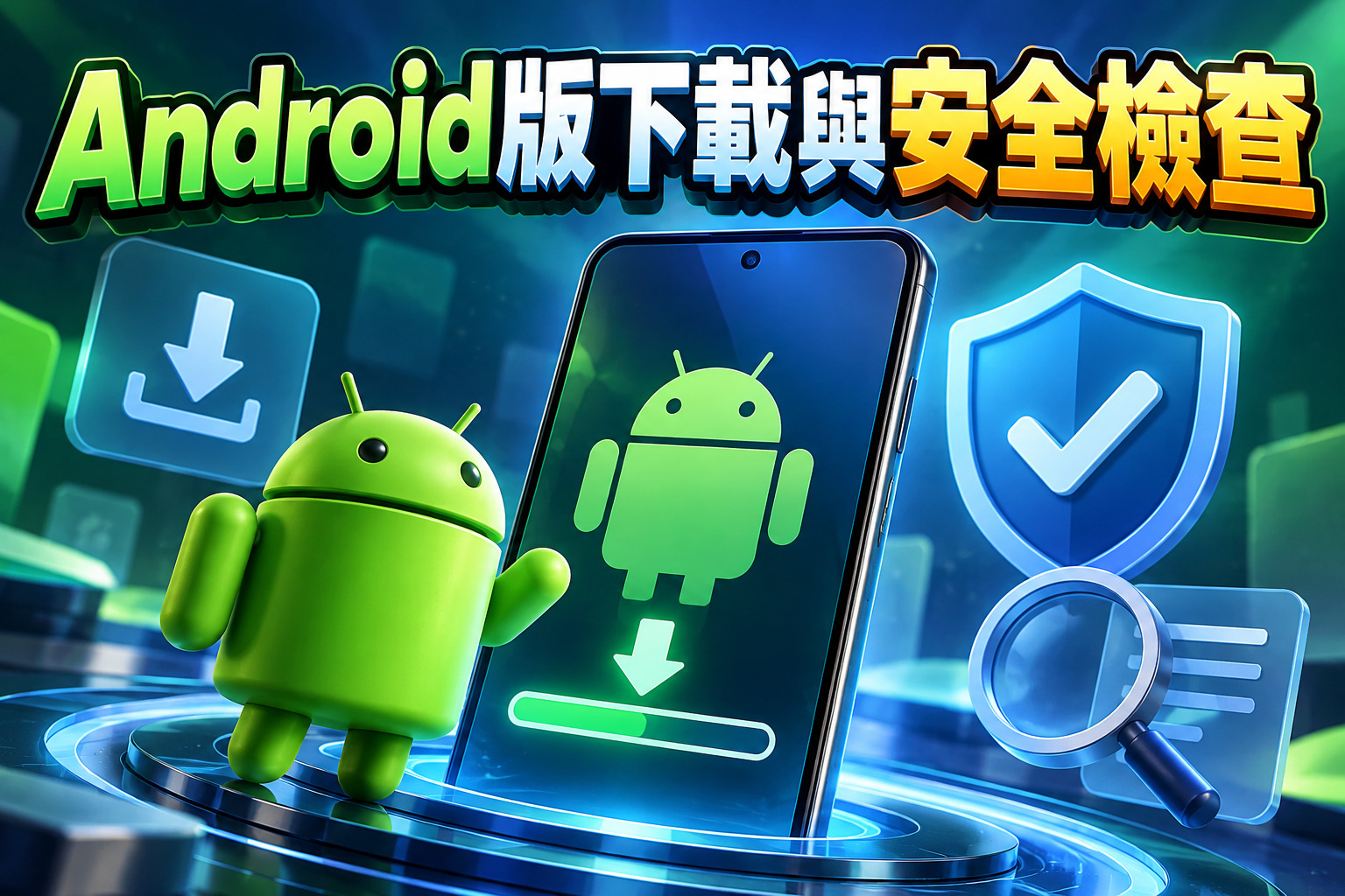 畫面以科技感十足的藍綠霓光風格呈現,中央手機顯示 Android 下載介面,搭配機器人、公盾牌與放大鏡,突顯下載流程與安全檢查主題。 整體構圖立體鮮明、視覺聚焦明確,標題醒目置頂,營造出專業、現代且具數位安全感的形象。